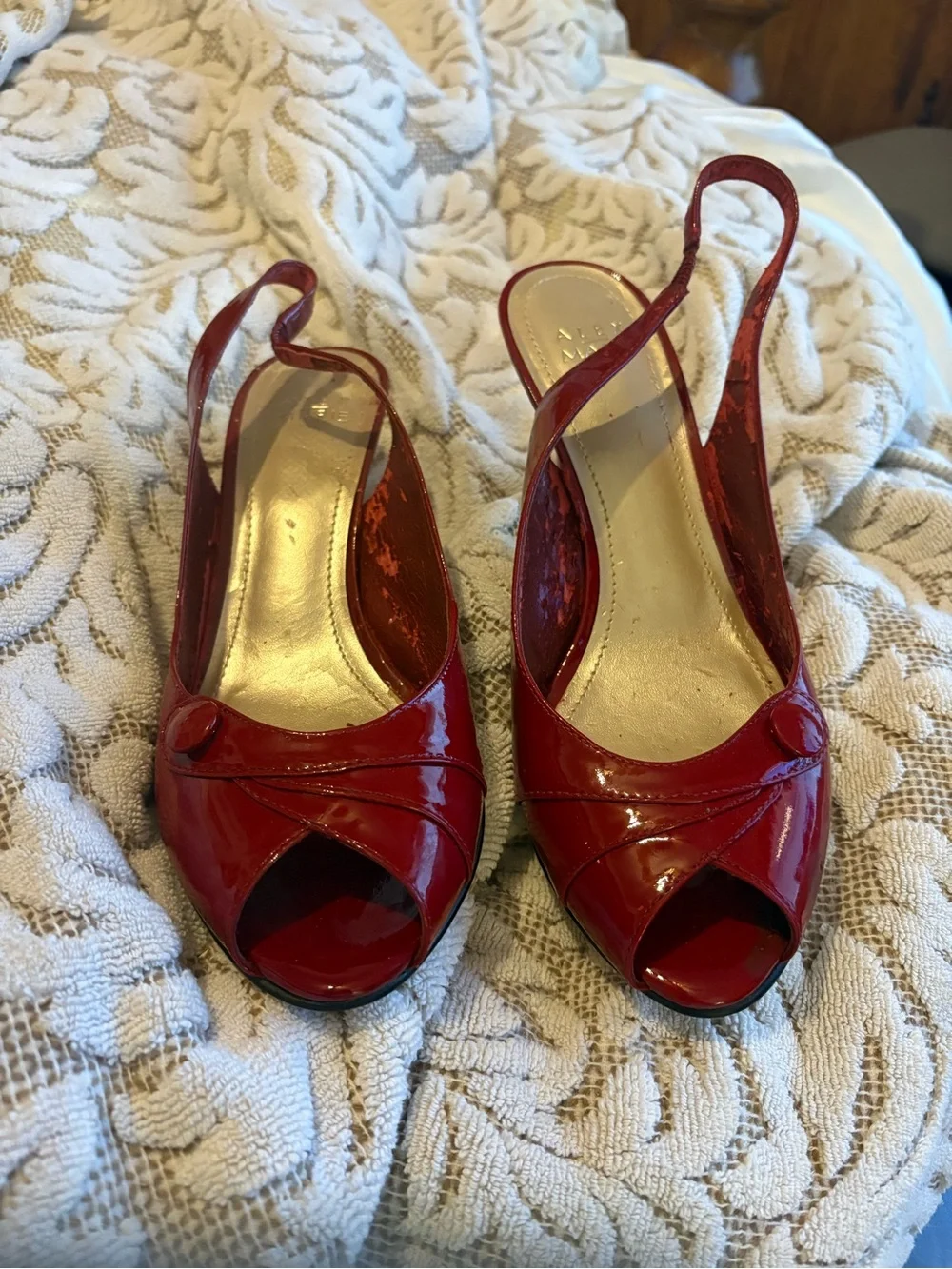 Alex Marie Red Patent Peep-Toe Slingback Heels